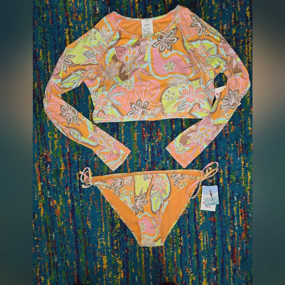 NWT ROXY Floradelic Smocked Side Tie Bikini Bottoms In Mock Orange Delic Size XL - Picture 2 of 7